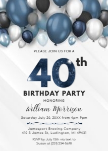 Balloons 40th Birthday Invitation - Adult Forty Birthday Invite - Blue & White Birthday Party - Editable Digital Download - B40 BP40C design preview