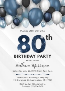 Balloons 80th Birthday Invitation - Adult EIGHTY Birthday Invite - Blue & White Birthday Party - Digital Instant Download - B40 BP40C design preview