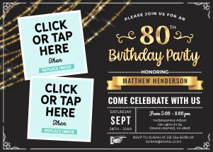 80th Birthday Photo Invitation EIGHTY Invite Party Photo Invite Black Gold - Digital Download -  5x7 + 4x6 Editable Adult B57 B57B design preview