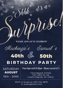 Adult Joint Birthday Invitation - Surprise Invite  Silver Glitter & Dark Blue Digital INSTANT download 5x7 Editable adult mens male womens design preview