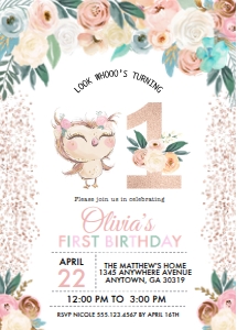 Peachy Owl Birthday Invitation - ONE: Peachy Owl Birthday Invitation - ONE
