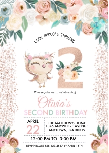Peachy Owl Birthday Invitation - TWO: Peachy Owl Birthday Invitation - TWO