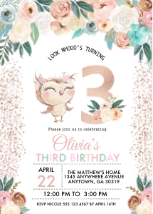 Peachy Owl Birthday Invitation - Three: Peachy Owl Birthday Invitation - THREE