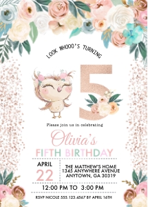 Peachy Owl Birthday Invitation - FIVE: Peachy Owl Birthday Invitation - FIVE