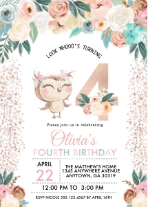 Peachy Owl Birthday Invitation - FOUR: Peachy Owl Birthday Invitation - FOUR