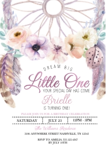 Purple Boho Dream Big Little One Birthday Invitation: Purple Boho Little One Birthday Invitation