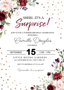 Burgundy Floral Surprise Birthday Invitation: Burgundy Floral Surprise Birthday Invitation
