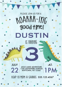 Roaring Dino Birthday Invitation - BLUE: Roaring Dino Birthday Invitation - BLUE