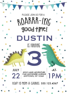 Roaring Dino Birthday Invitation - WHITE: Roaring Dino Birthday Invitation - WHITE