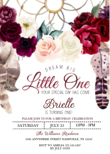 Burgundy Boho Dream Big Little One Birthday Invitation: Burgundy Boho Dream Big Little One Birthday Invitation