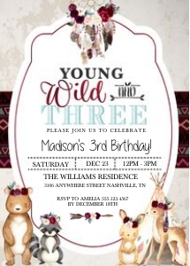 Burgundy Boho Young Wild & Three Birthday Invitation: Burgundy Boho Young Wild & Three Birthday Invitation