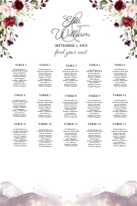 Burgundy Floral Seating Chart 24x36: Burgundy Floral Seating Chart