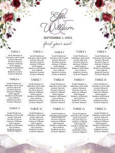 Burgundy Floral Seating Chart 18x24: Burgundy Floral Seating Chart