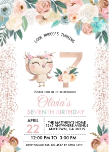 Peachy Owl Birthday Invitation - SEVENTH: Peachy Owl Birthday Invitation - SEVEN