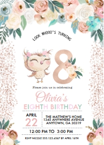 Peachy Owl Birthday Invitation - EIGHTH: Peachy Owl Birthday Invitation - EIGHT