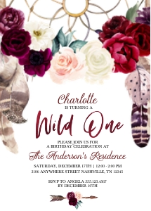Burgundy Boho Wild One Birthday Invitation -1: Burgundy Boho Wild One Birthday Invitation -1