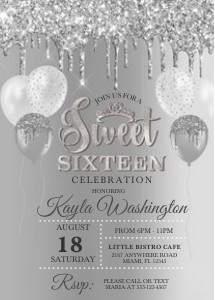 Silver Glitter Drip Sweet Sixteen Birthday Invitation: Silver Glitter Drip Sweet Sixteen Invitation