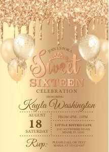 Champagne Glitter Drip Sweet Sixteen Birthday Invitation: Champagne Glitter Drip Sweet Sixteen Invitation