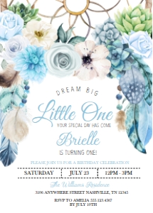 Blue Boho Dream Big Little One Birthday Invitation: Blue Boho Dream Big Little One Birthday Invitation