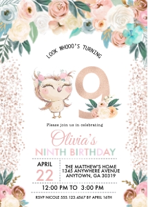 Peachy Owl Birthday Invitation - NINTH: Peachy Owl Birthday Invitation - NINE