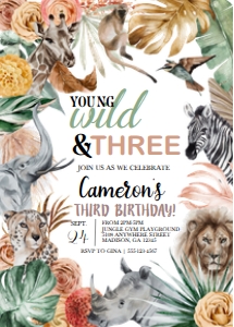 Boho Animal Safari Young Wild & Three Birthday Invitation: Boho Animal Safari Young Wild & Three Birthday Invitation