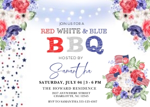 Red White & Blue Floral BBQ -1: Red White & Blue Floral BBQ Invitation -1