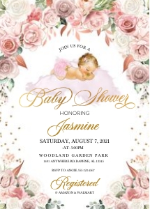 Pink Floral Sleeping Baby Invitation -2: Pink Floral Sleeping Baby Shower Invitation -2