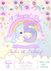 Pastel Rainbow Unicorn Number Birthday Invitation -5: Pastel Rainbow Unicorn Number Birthday Invitation -5