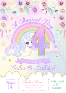 Pastel Rainbow Unicorn Number Birthday Invitation -4: Pastel Rainbow Unicorn Number Birthday Invitation -4