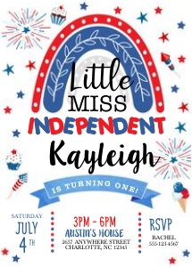 4th of July Little Miss Independent Birthday Invitation -1: 4th of July Little Miss Independent Birthday Invitation- 1