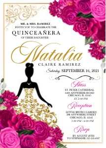 Fuchsia Pink Floral Quinceanera Invitation -5 design preview