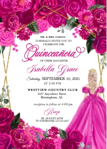 Fuchsia Pink Floral Quinceanera Invitation -3 design preview