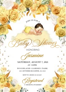 Yellow Floral Sleeping Baby Invitation -3: Yellow Floral Sleeping Baby Shower Invitation -3