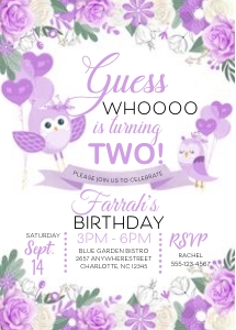 Owl Birthday Invitation (Purple) -1: Owl Birthday Invitation (Purple) -1
