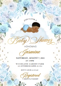 Blue Floral Sleeping Baby Invitation -1: Blue Floral Sleeping Baby Shower Invitation -1