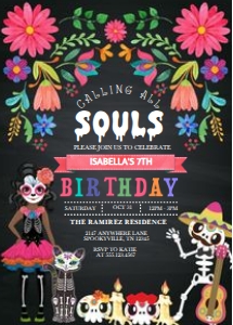 Sugar Skull Girl Halloween Birthday Invitation -4 (Dark): Sugar Skull Girl Halloween Birthday Invitation -8