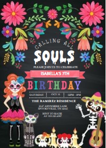 Sugar Skull Girl Halloween Birthday Invitation -3 (Dark): Sugar Skull Girl Halloween Birthday Invitation -6