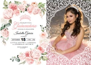 Pink Floral Quinceanera Photo Invitation: Pink Floral Quinceanera Photo Invitation