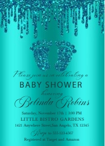 Teal Glitter Drip Baby Feet Invitation: Teal Glitter Drip Baby Feet Invitation