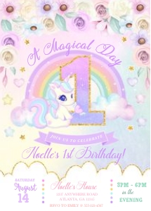 Pastel Rainbow Unicorn Number Birthday Invitation -1: Pastel Rainbow Unicorn Number Birthday Invitation -1