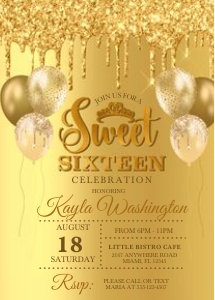Gold Glitter Drip Sweet Sixteen Birthday Invitation: Gold Glitter Drip Sweet Sixteen Invitation