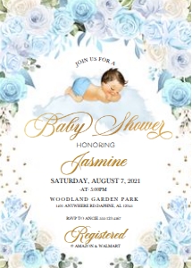 Blue Floral Sleeping Baby Invitation -3: Blue Floral Sleeping Baby Shower Invitation -3