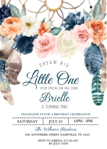 Peach Navy Boho Dream Big Little One Birthday Invitation: Peach Navy Boho Dream Big Little One Birthday Invitation
