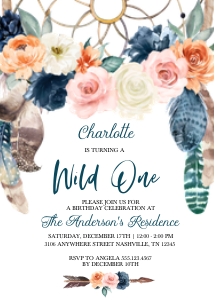 Peach Navy Wild One Birthday Invitation: Peach Navy Boho Wild One Birthday Invitation