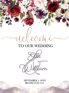 Burgundy Floral Welcome Sign: Burgundy Floral Wedding Welcome Sign