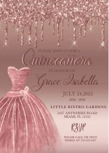 Rose Gold Glitter Drip Quinceanera Invitation: Rose Gold Glitter Drip Quinceanera Invitation