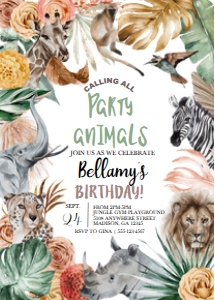 Boho Animal Safari Party Animals Birthday Invitation: Boho Animal Safari Party Animals Birthday Invitation
