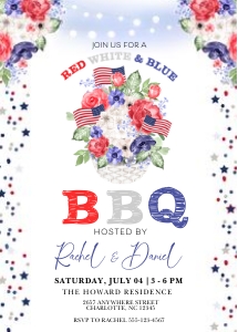 Red White & Blue Floral BBQ -2: Red White & Blue Floral BBQ Invitation -2