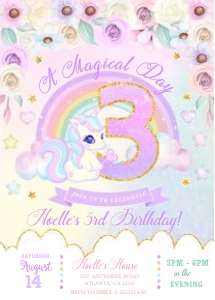 Pastel Rainbow Unicorn Number Birthday Invitation -3: Pastel Rainbow Unicorn Number Birthday Invitation -3
