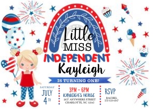 4th of July Little Miss Independent Birthday Invitation -5: 4th of July Little Miss Independent Birthday Invitation- 5